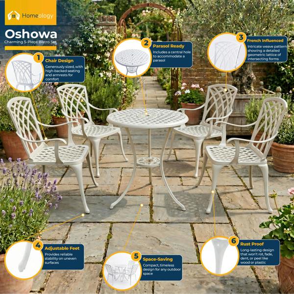 Homeology OSHOWA Luxurious Garden and Patio Table and 4 Large Chairs with Armrests Cast Aluminium Bistro Set - White
