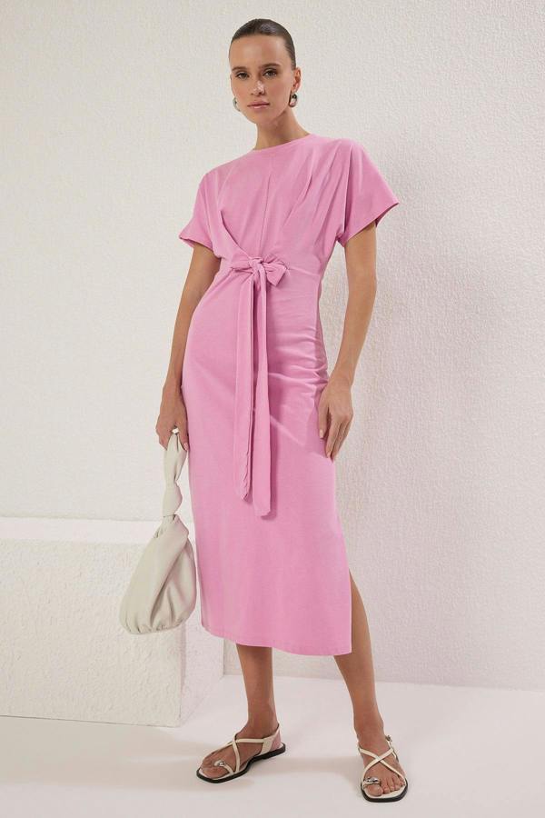 WOVCOR Batwing Sleeve Bodycon Midi Dress with Tie Waist Detail - LIGHTPINK