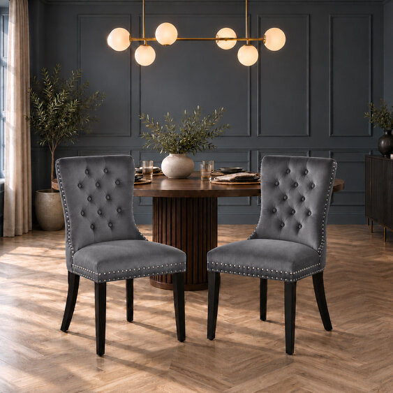 Neo Set Of Two Dark Grey Studded Velvet Dining Table Chair with Ring Knocker Detail