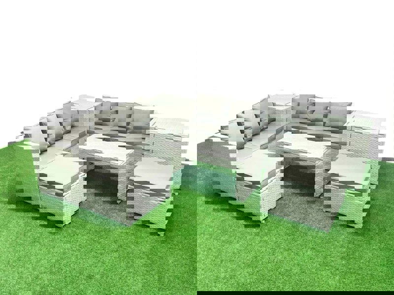 Fimous 8 Seater Garden Outdoor Rattan Furniture Set Rattan Garden Sofa Oblong Coffee Table with 2 Big Footstools 2 Side Tables Light Grey Mixed