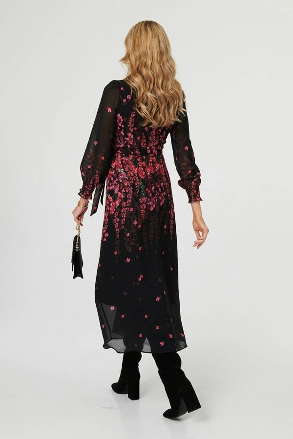 Black | Floral Tie Waist Sheer Layer Maxi Dress
