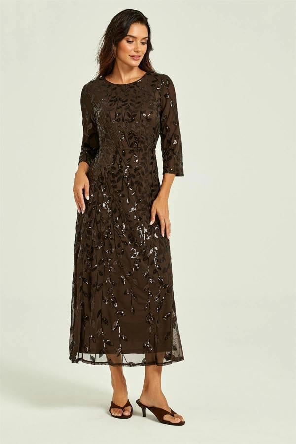 FS Collection Sequin Leaf 3/4 Sleeve Bridesmaid Midi Dress In Brown