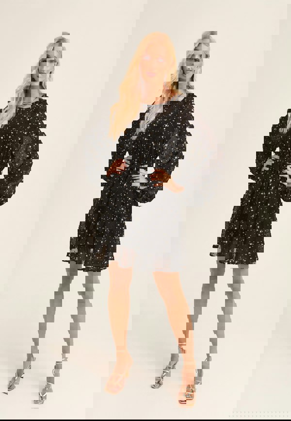 Gini London Black Star Print Long Sleeve Mini Dress