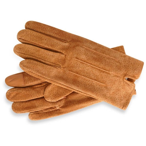 Image displays a pair of suede gloves that are tan in colour. The suede is slightly perforated.