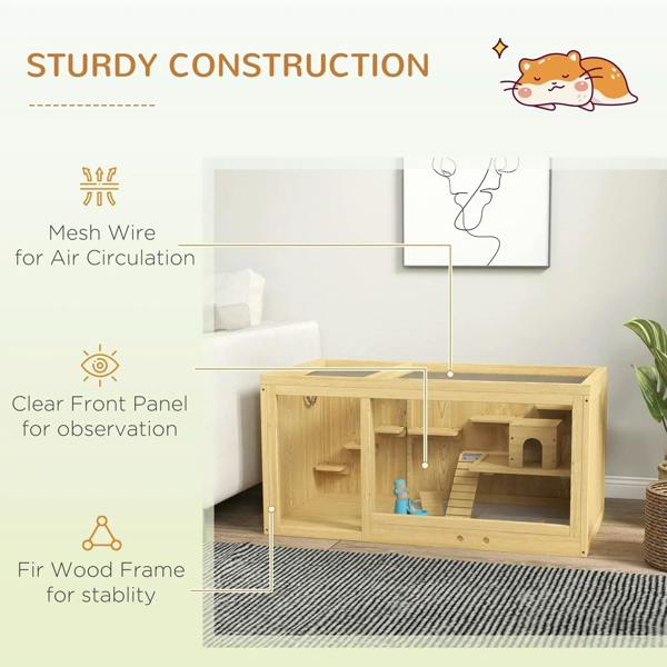 Natural wood hamster cage with mesh wire roof and clear front observation panel