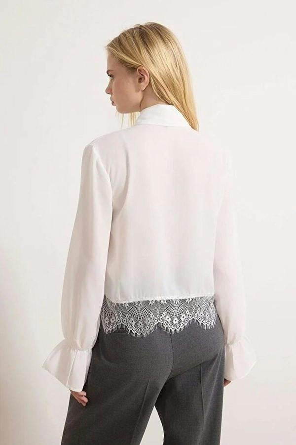 WOVCOR Scarf Neck Lace Detail Long Sleeve Woven Blouse