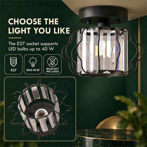 Crystal Ceiling Light Fixtures, Modern Semi-Flush Ceiling Lighting with Crystal Strips, 2 Pack, Black