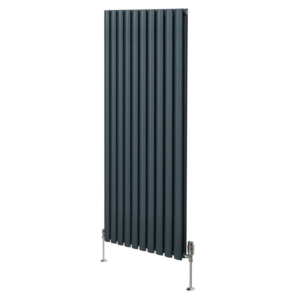 Oval column radiator in anthracite grey, 1600mm x 600mm, featuring vertical slats and sleek valves for modern heating solutions