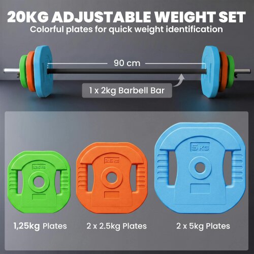SPORTNOW 20kg Adjustable Barbell Weights Set Barbell Bar, Multicolour