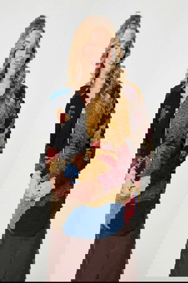 Red | Abstract Zip V-Neck Long Sleeve Relaxed Top
