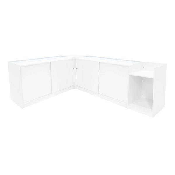 Theia LED Shop Counter Set in white features a sleek, modern design with smooth surfaces and integrated lighting for display