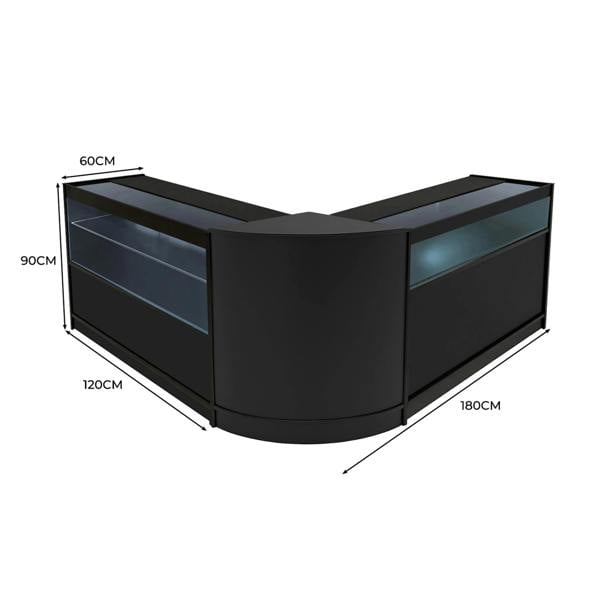 Black Adonis LED Shop Counter Set featuring a sleek design with glass display sections, measuring 180cm wide and 90cm tall