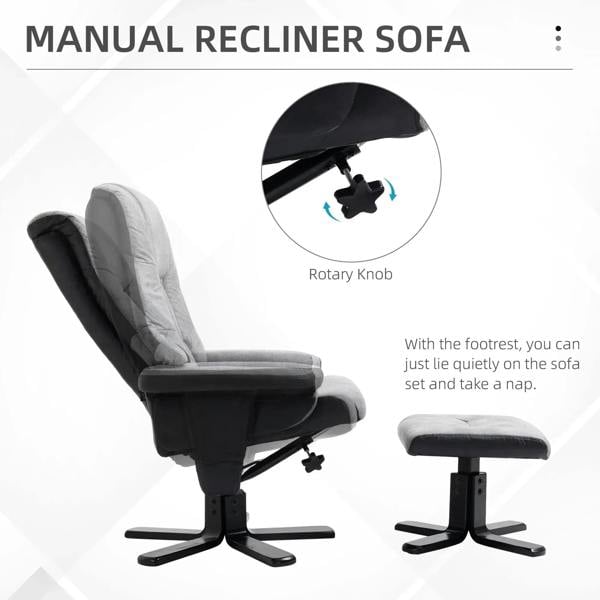Grey fabric recliner chair with footstool extended, reclined back, black swivel base.
