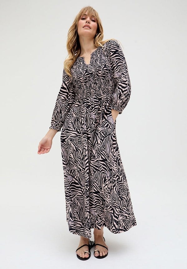 Paulina Shirred Bodice Zebra Print Maxi Dress In Black - image 1