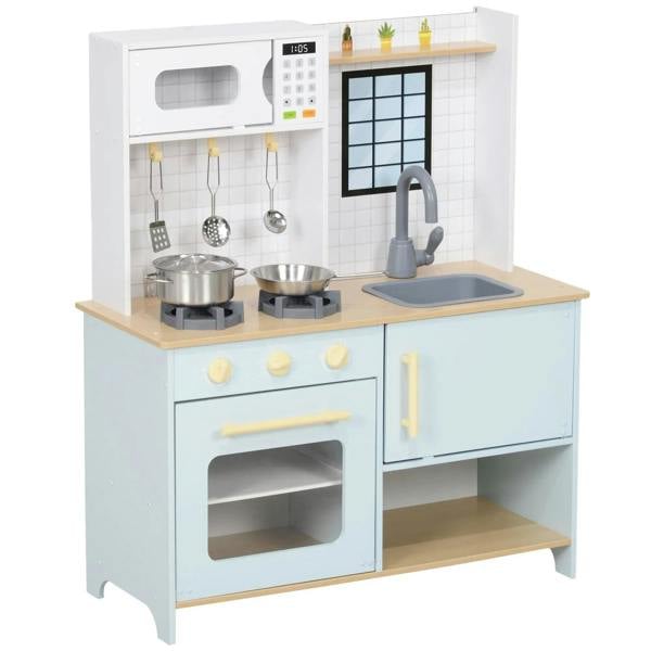 Blue kids pretend play kitchen playset with light stove, sink, and knobs