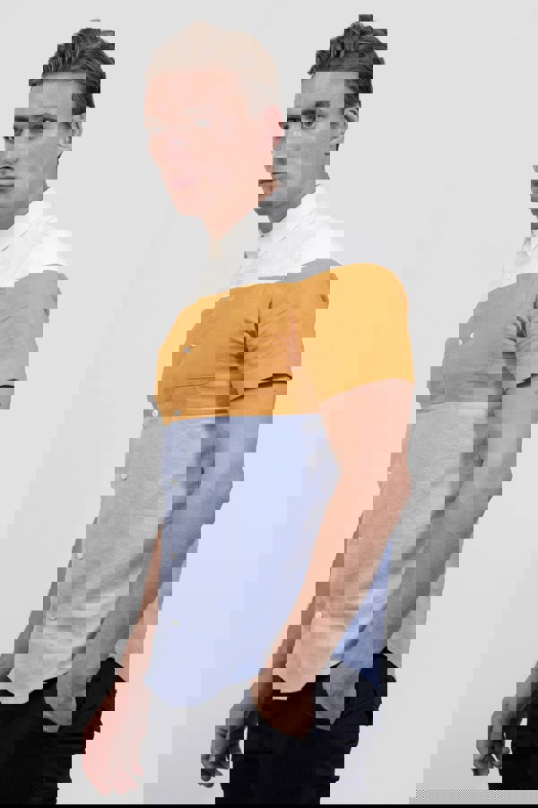 ENORSIA Multicoloured White/Orange/Blue Linen Blend Colour Block Shirt