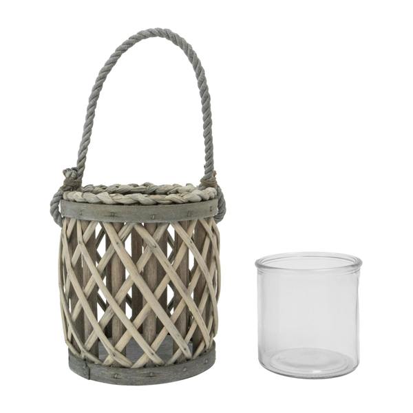 JVL Luna Natural Willow Wood Lantern With Braided Rope Handle, Grey Wash
