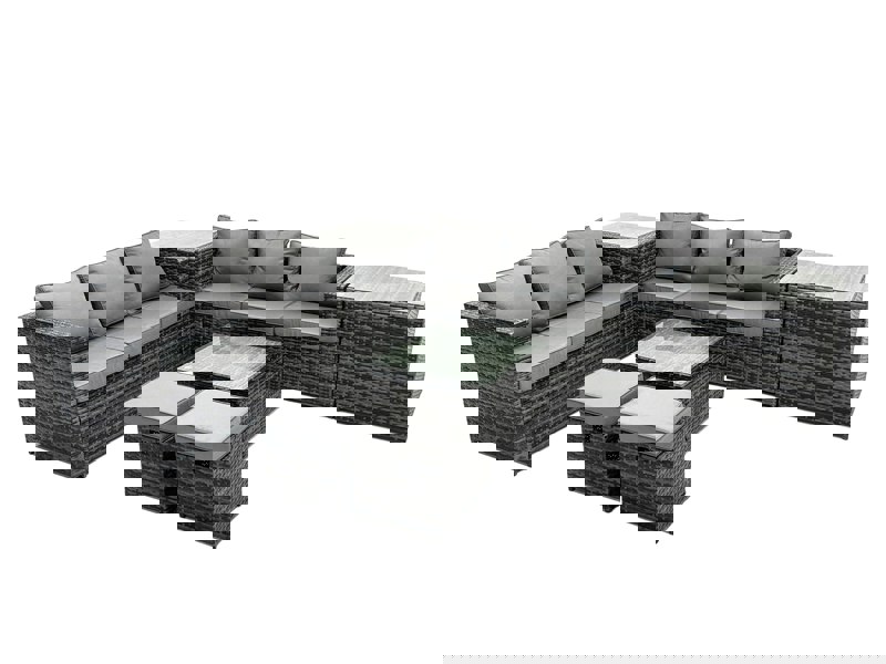 Fimous Outdoor Rattan Garden Furniture Set 8 Seater Patio Lounge Sofa Set with Square Coffee Table 2 Side Table 2 Small Footstools Dark Grey Mixed