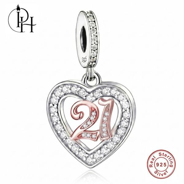 Parus Home 21st Birthday Charm Pandora Compatible 925 Sterling Silver Dangle, Heart Gift for Daughter Bracelet