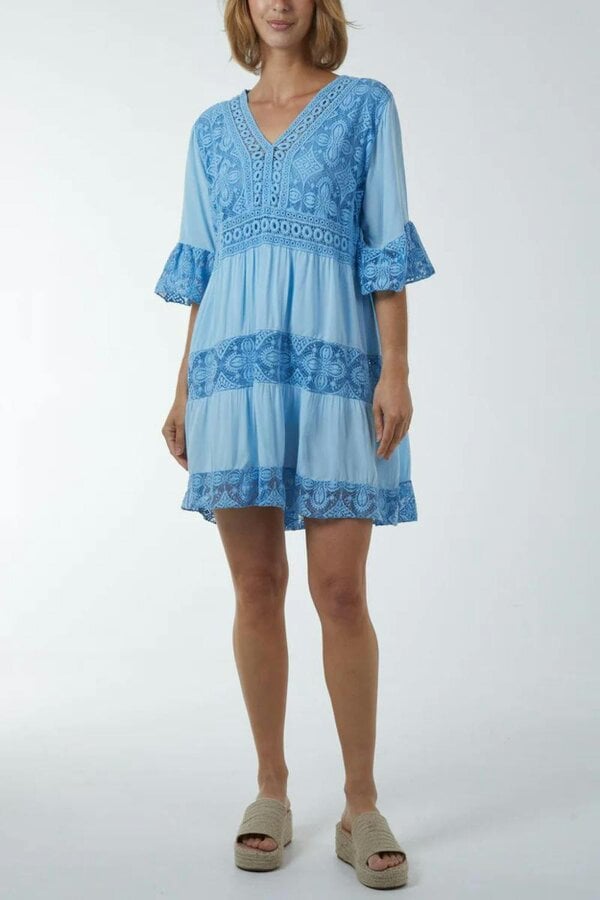 Hoxton Gal Oversized 3/4 Sleeves Lace Detailed V Neck Mini Dress in Baby Blue