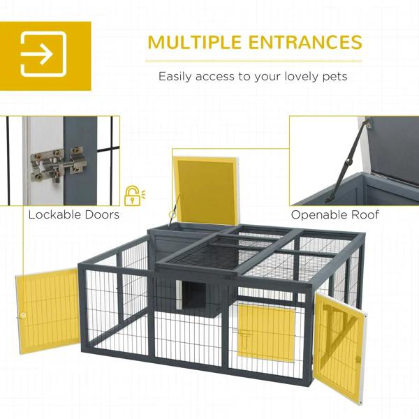 Grey outdoor rabbit run cage with multiple doors and openable roof for easy access