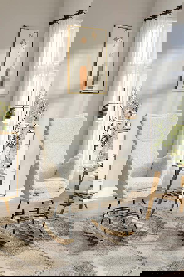 Living and Home Comfy Netural Bouclé Upholstered Rocking Accent Chair with High Backrest and Armrests