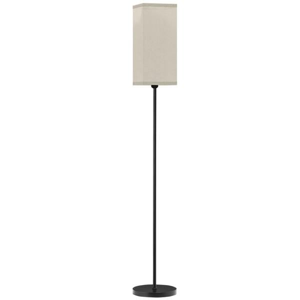 Modern standing floor lamp with black base and rectangular linen shade
