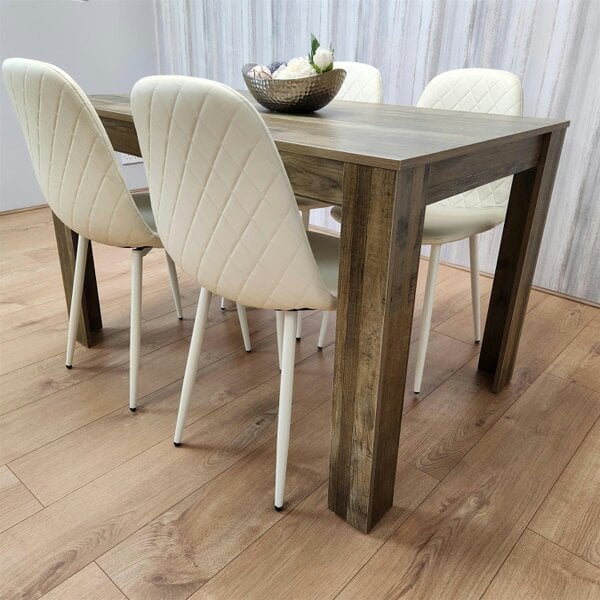 Kosy Koala Wooden Dining Table with 4 Cream Gem Patterned Chairs Rusteic Effect Table with Cream Chairs