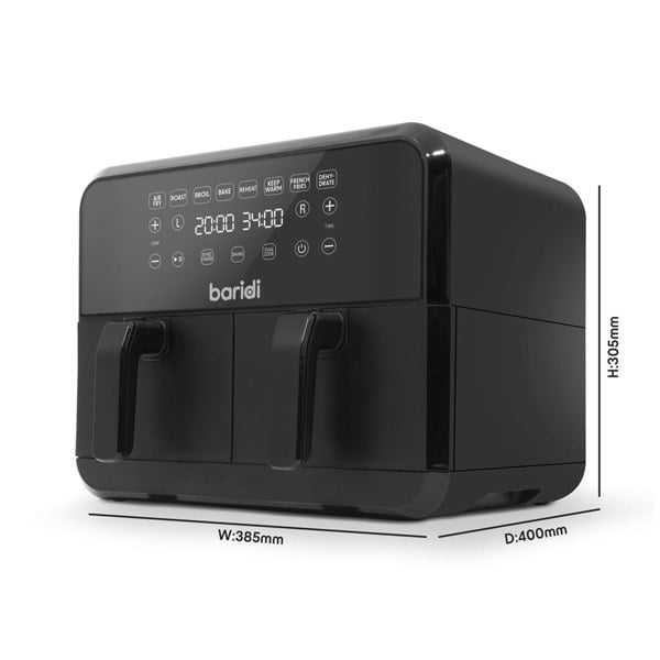8L Dual Zone Air Fryer Oven - 8-in1 Easy Clean Black Worktop Cooker 2x 4L Basket - LoopsDirect