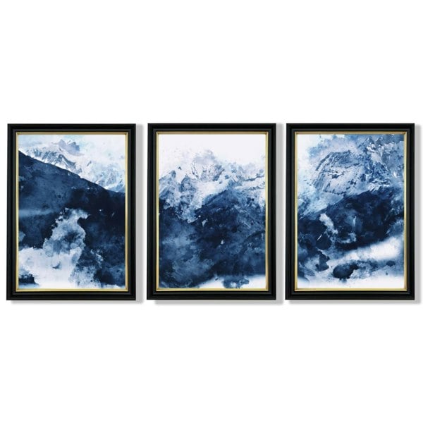 Abstract Navy Blue Mountains Set of 3 Framed Art Prints with Vermeer Black and Gold Frames
