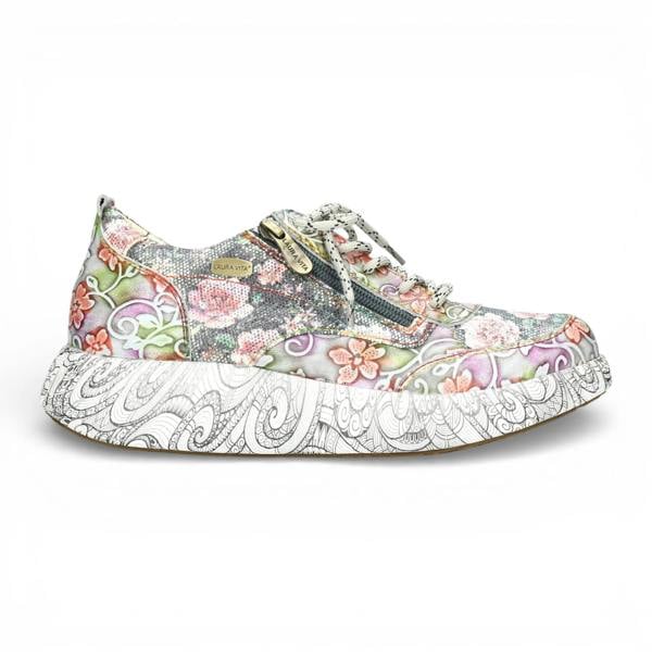 Laura Vita Nikito 62 - Women's Grey Floral Leather Platform Sneakers