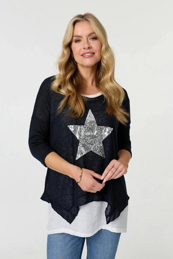 Navy | Sequin Star Front Relaxed Layered Top