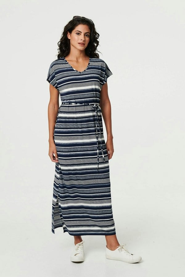 White | Striped Cap Sleeve Tie Waist Maxi Dress

