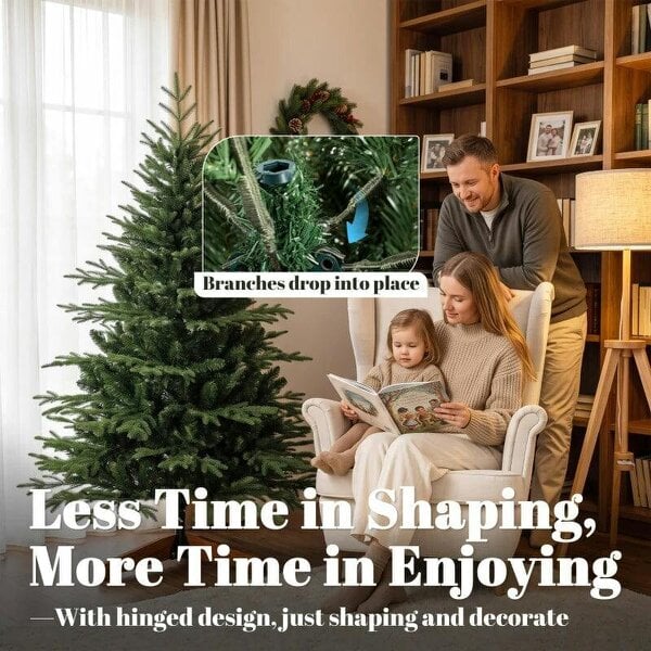 Bobobiy 150cm Artificial Christmas Tree Full Hinged Xmas Tree Solid Pine Wood Stand, Green