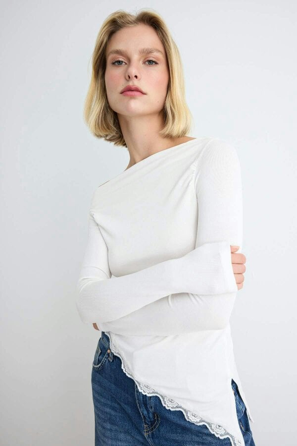 WOVCOR Fitted Boat Neck Long Sleeve Lace Detail Ribbed Blouse - Ecru