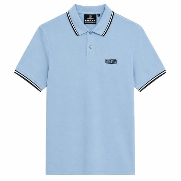 Powder blue Barbour International polo shirt with black and white tipped collar and cuffs and chest logo.