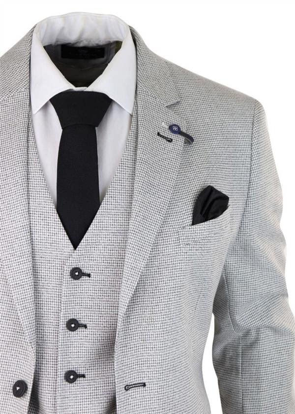 House of Cavani Mens 3 Piece Light Grey Check Tweed Retro Classic Suit