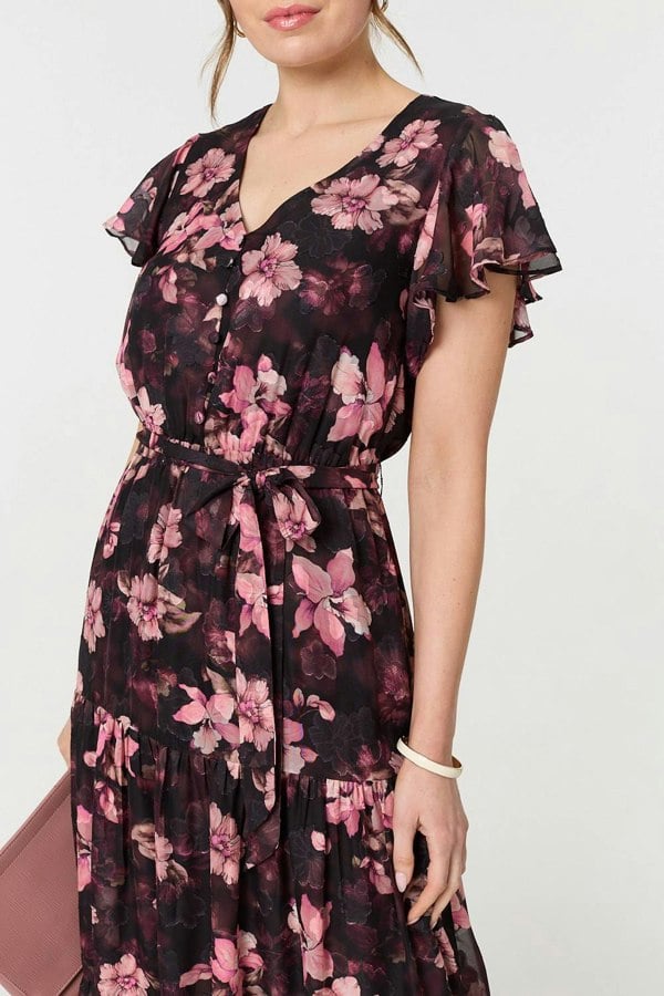 Black | Floral Angel Sleeve Tie Waist Maxi Dress
