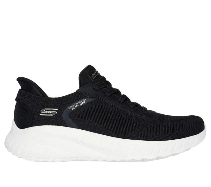 Skechers BOBS Sport Squad Chaos Womens Slip-Ins Sports Shoe Trainers, black athletic slip-in sneakers with white sole and Skechers logo details.