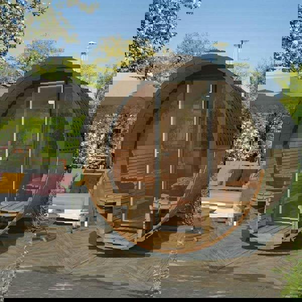 400cm Spruce Barrel Sauna | Thermowood | Terrace | Wood-Fired or Electric.