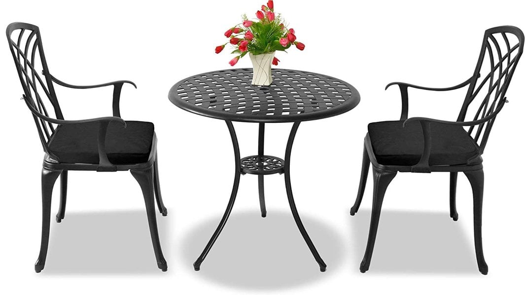 Centurion Supports OSHOWA Garden and Patio Table and 2 Large Chairs with Armrests Cast Aluminium Bistro Set - Black Cushions