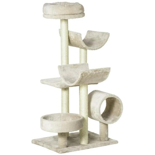 Beige cat climbing tree with stacked perches, scratching posts, and multiple platforms.