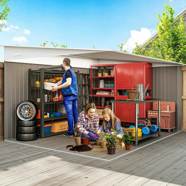 Grey metal tool storage shed with open double sliding doors and built-in shelving