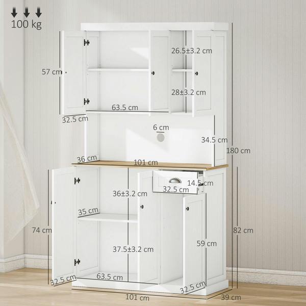 White freestanding kitchen cabinet with open shelves and drawer space, showing internal layout