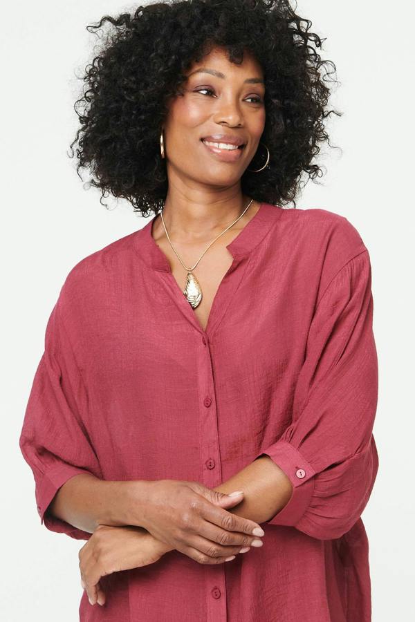 Burgundy | Relaxed 3/4 Sleeve Collarless Shirt