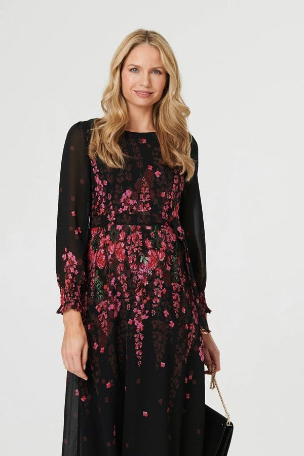 Black | Floral Tie Waist Sheer Layer Maxi Dress
