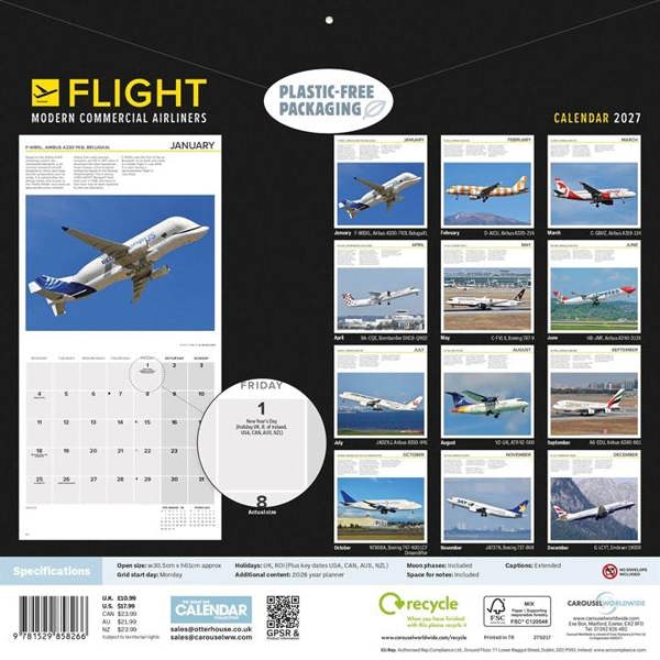 Flight, Modern Commercial Airliners Calendar 2027, Wall Calendars, Month To View, Transport, Gift