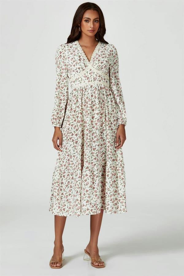 FS Collection Floral Print Long Sleeve Midi Dress In White