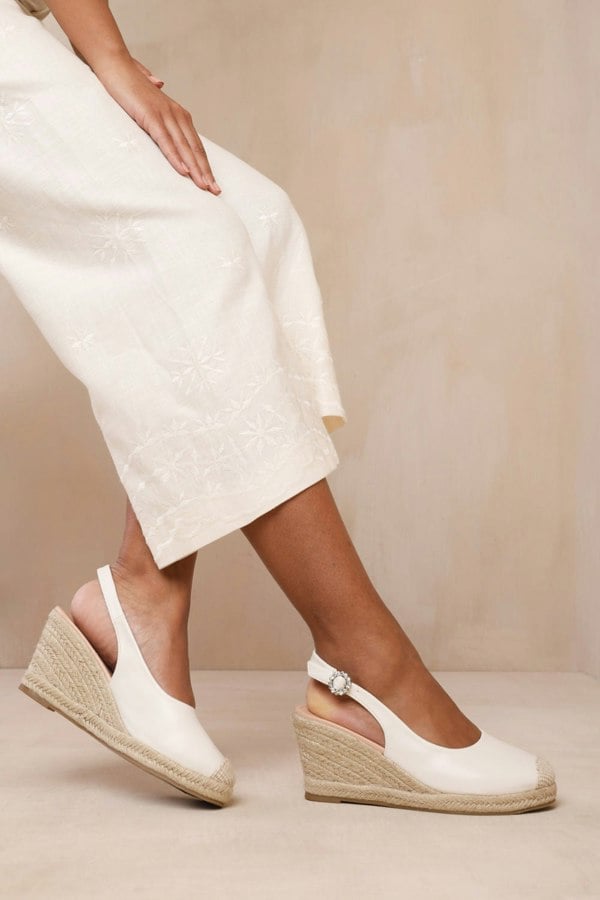 Where's That From Nevada Slingback With Diamante Flower Buckle Espadrille Wedges in White Faux Leather