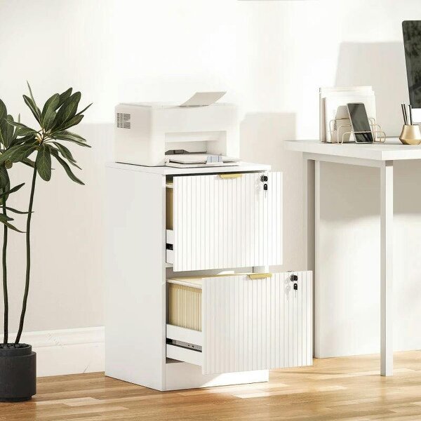 Filing Cabinet, Fluted Vertical File Cabinet with 2 Lockable Drawers and Hanging Rails, White - White